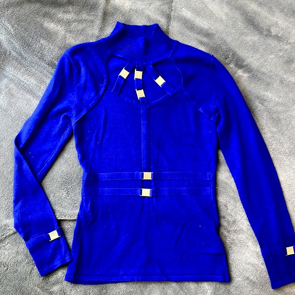 Royal blue mock neck sweater lightweight metal details